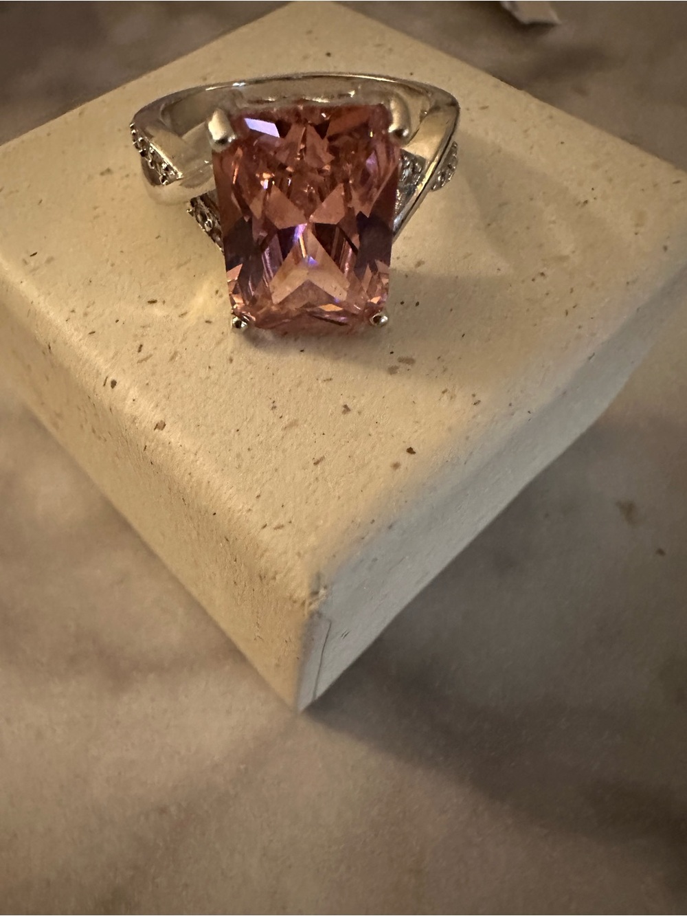 18kt Gold Plated Silver Ring with Pink Rectangular Gemstone, Czs on the side.
